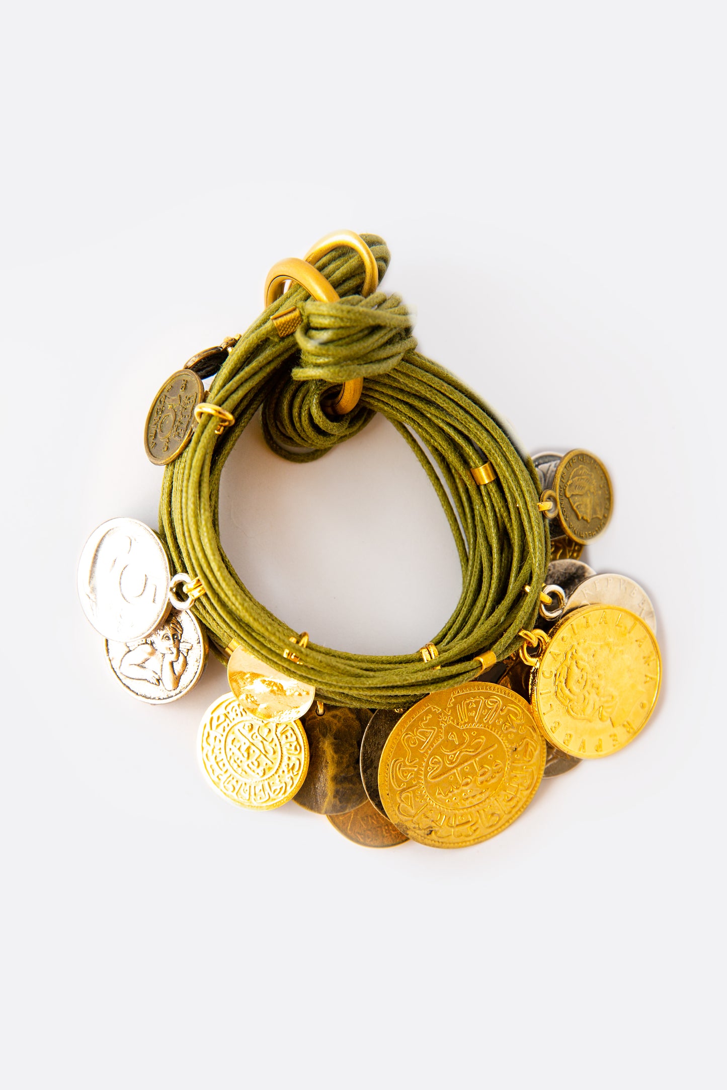 Khaki green rope and coin bracelet
