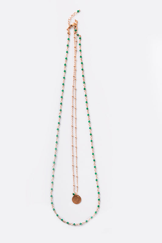 Collana 2 fili argento oro rosa - agata verde