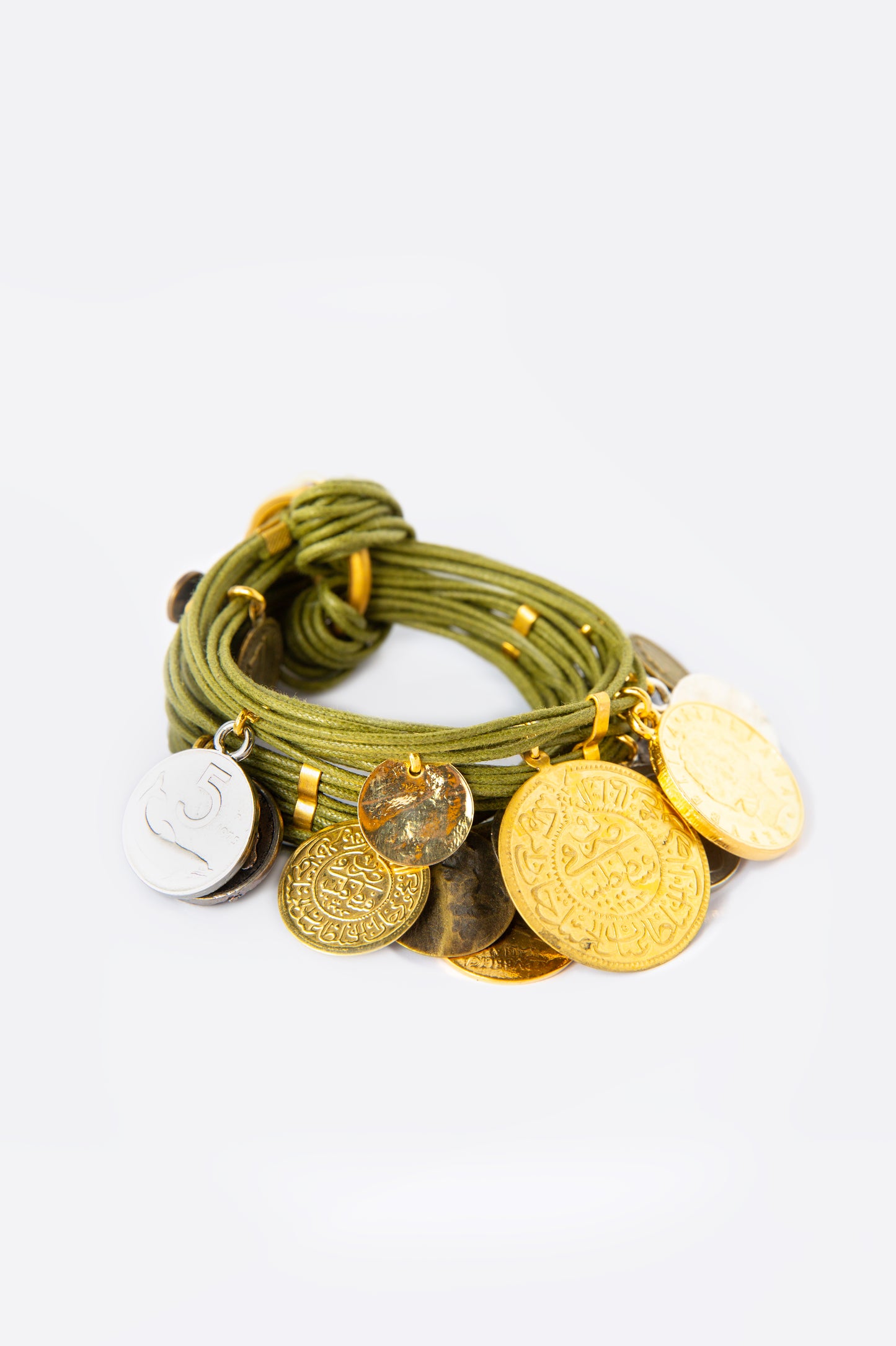 Khaki green rope and coin bracelet
